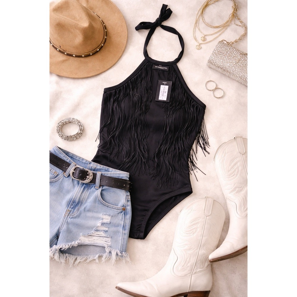 PrettyLittleThing Black Fringe‎ Halter Bodysuit NWT Festival Clubwear Size 4
